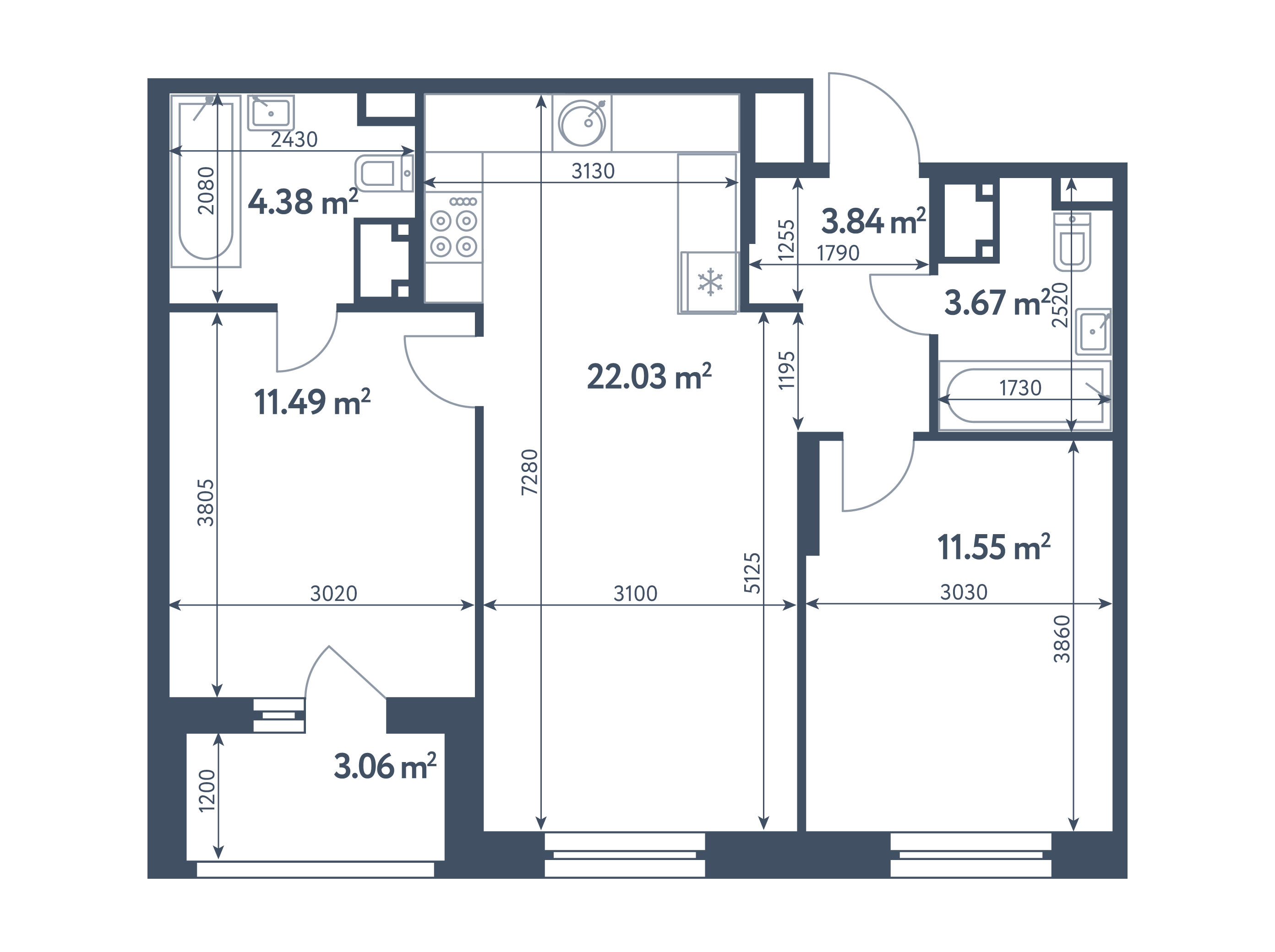 3 комнаты (Евро), 58,49 м², секция 8.3, этаж 4 / Выбрать квартиру / Жилой  комплекс «Светлый мир «СТАНЦИЯ «Л»…»