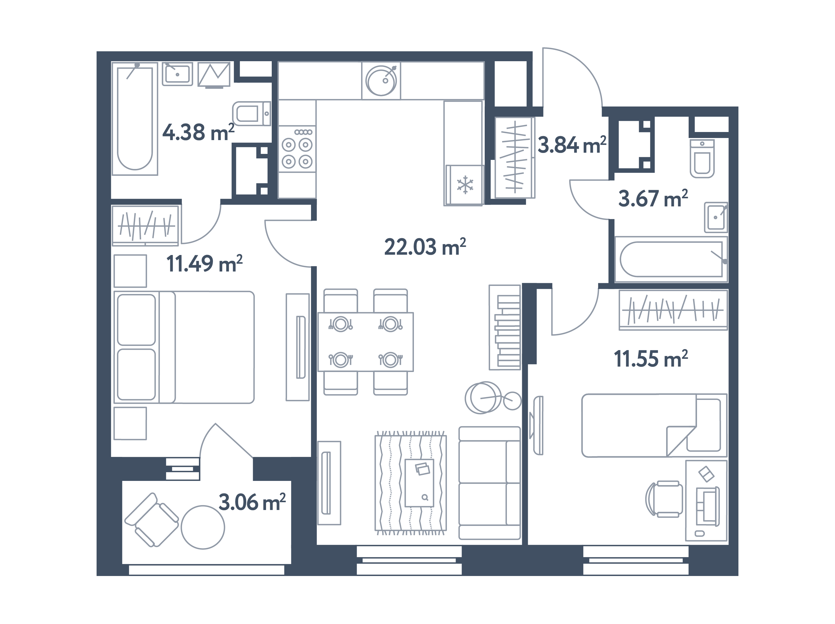 3 комнаты (Евро), 58,49 м², секция 8.3, этаж 4 / Выбрать квартиру / Жилой  комплекс «Светлый мир «СТАНЦИЯ «Л»…»